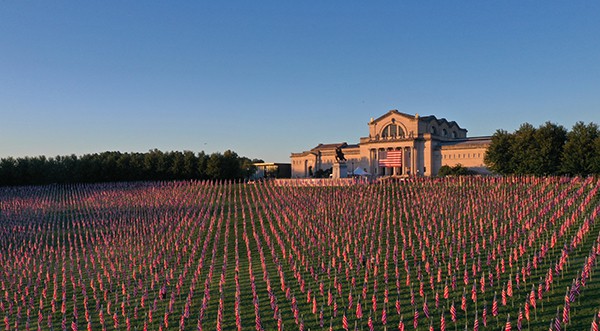 Art Hill in Forest Park covered in US flags